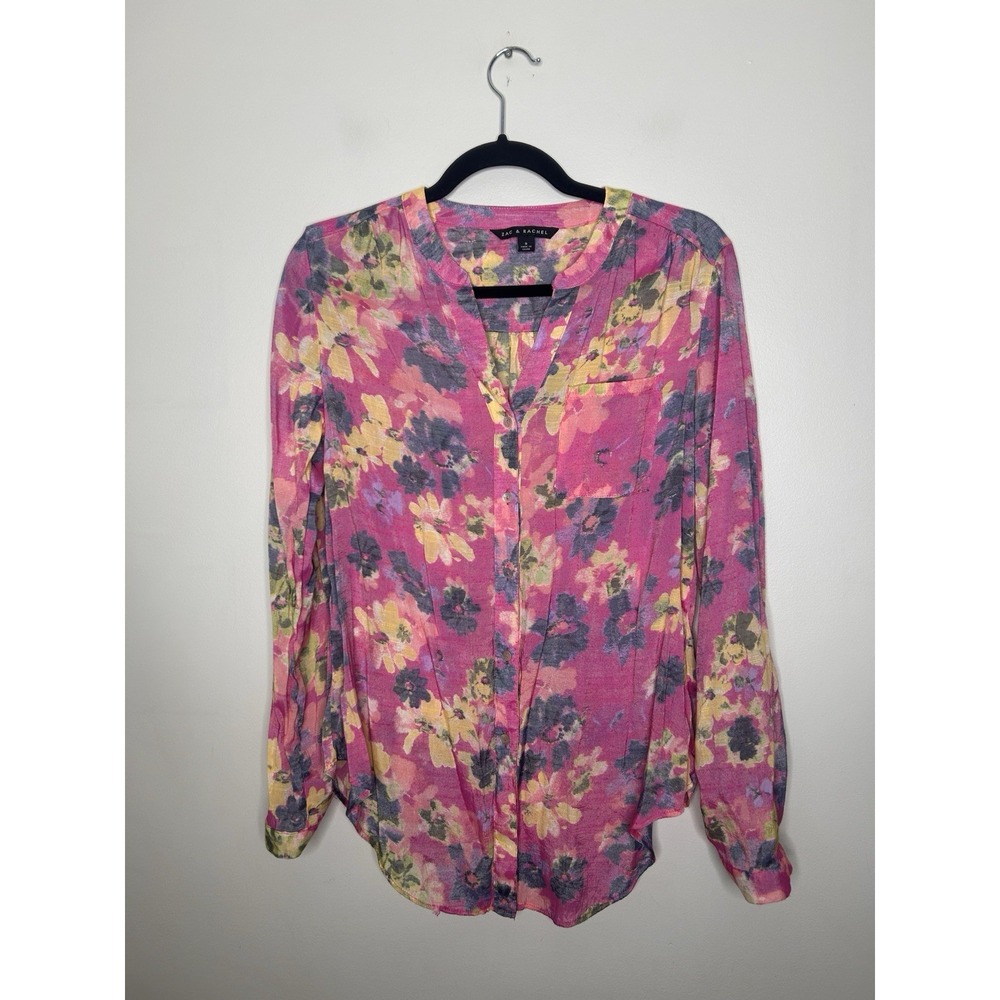 Zac & Rachel Womens Pink Floral Roll Tab Sleeve Button Up Blouse Gauze Top Small - Picture 2 of 8